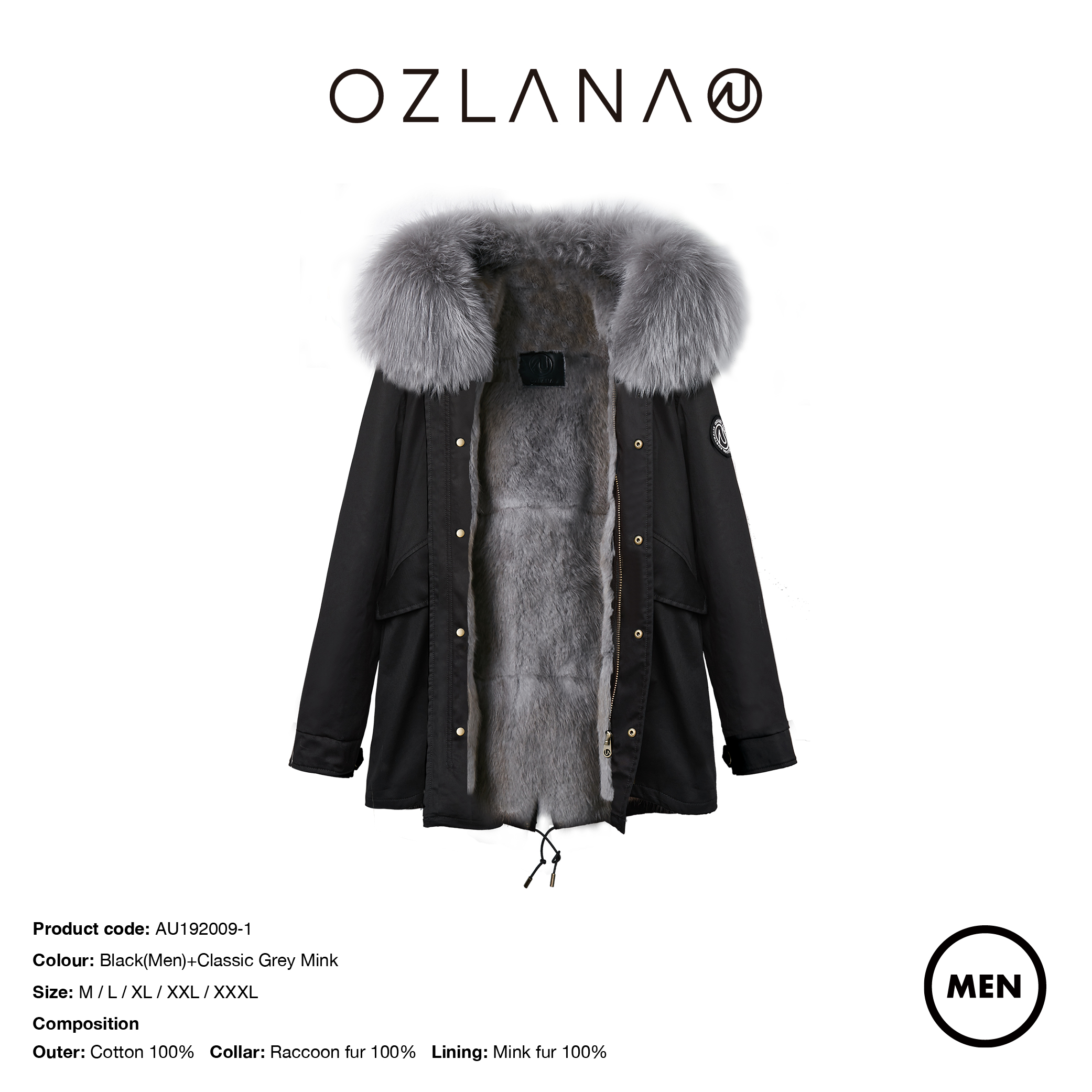 ozlana au192009-1 黑色 经典灰色水貂 男款 派克服大衣 black